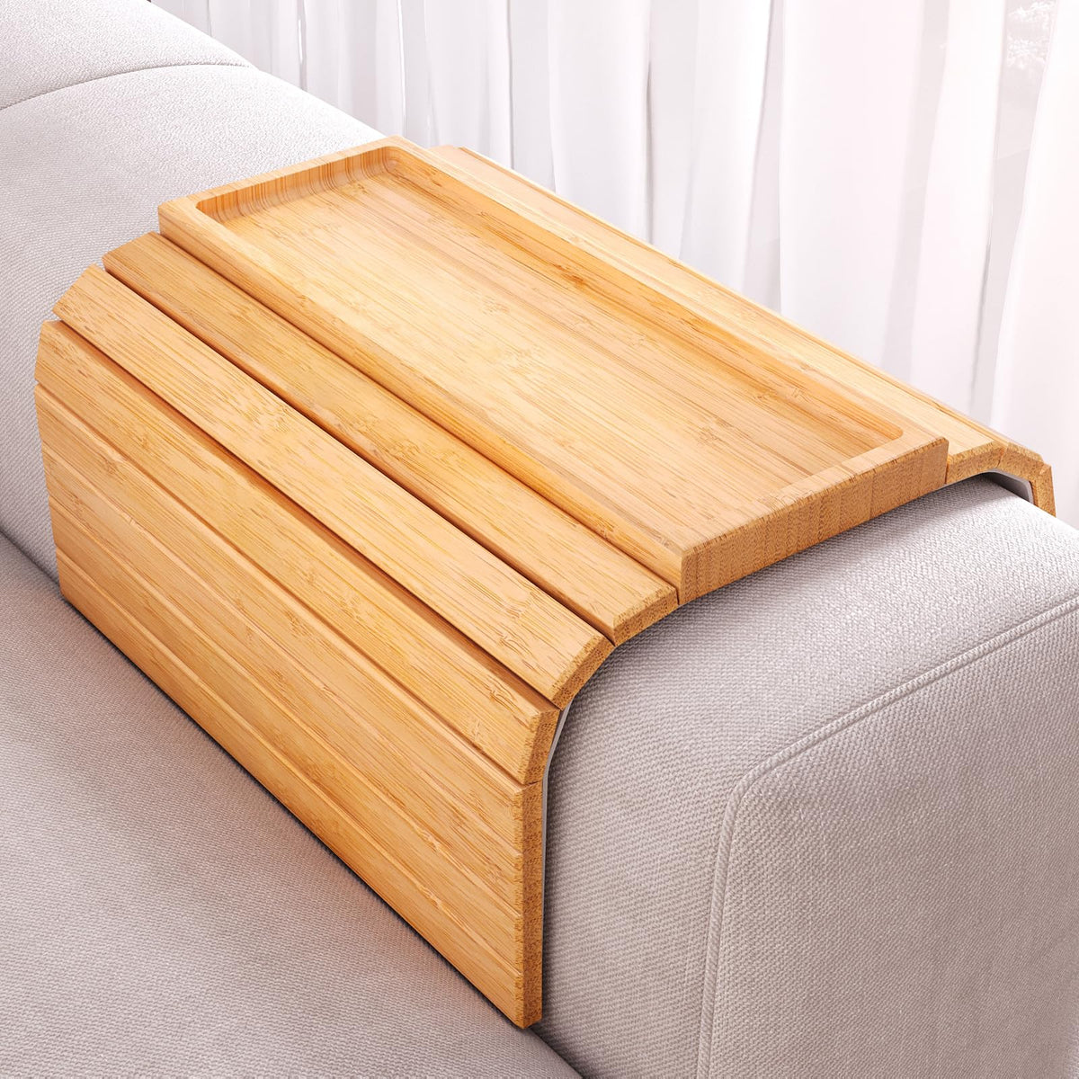 Fibogollo Sofa Arm Tray,Bamboo Folding Couch Arm Tray,1 Pc Sofa Armrest Tray with Anti-Slip Pad for Drinks,Snacks,Phone,Remote Control（Natural）
