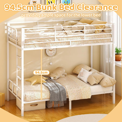 Bonnlo Metal Bunk Bed, Single over Single Loft Bed Frame with 38cm High Full-Length Guardrail & Non-Slip Ladder, Space-Saving Twin Over Twin Bunk Bed