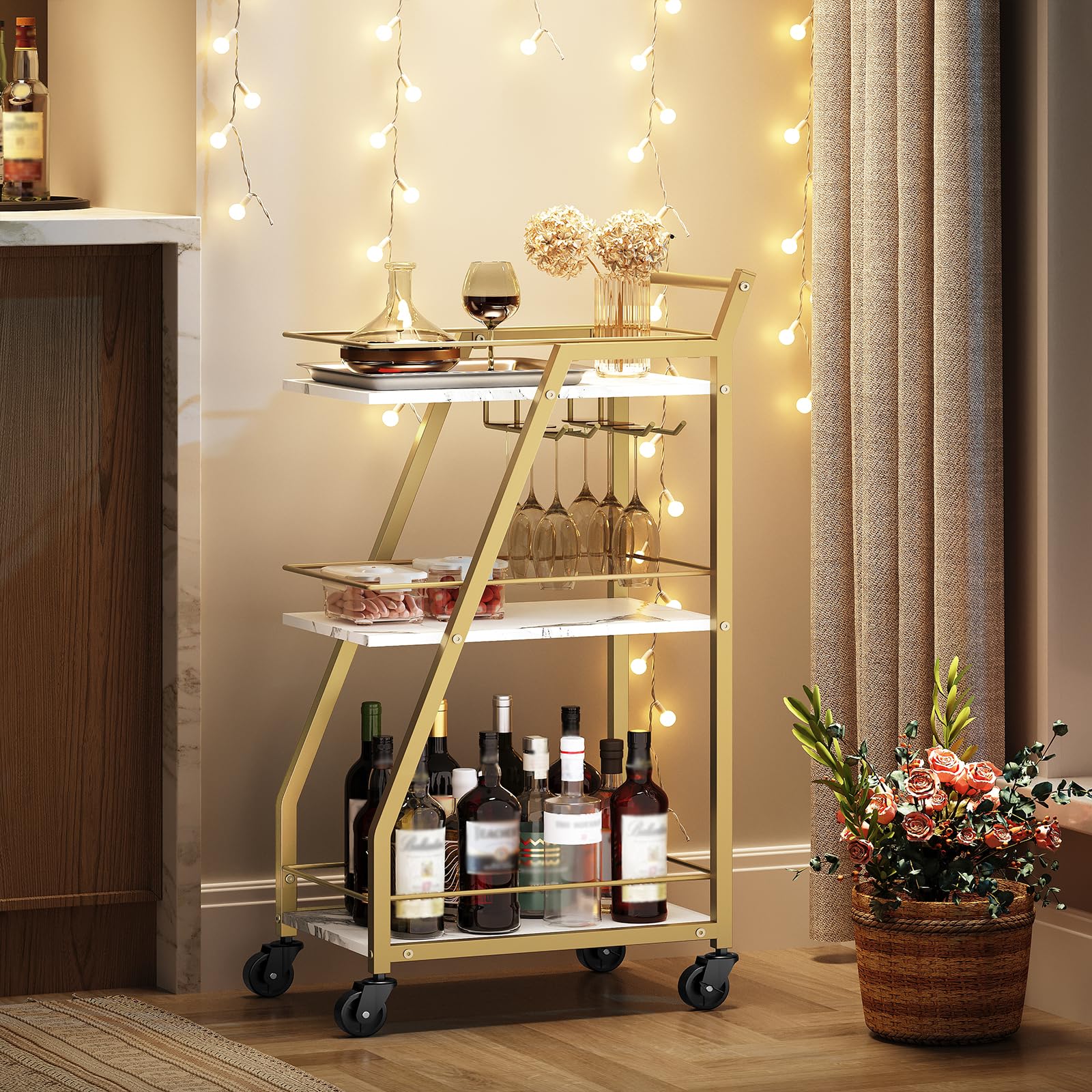 YATINEY Bar Cart, Drinks Trolley with Glass Holder, Serving Trolley on Wheels, Small Gold Bar Cart, Drinks Cart for Bar, Kitchen, Dining