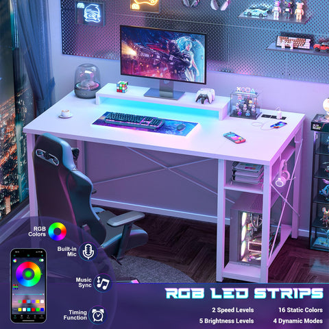iSunirm Gaming Desk with LED Lights & Power Outlet, Reversible Computer Desk with Moveable Monitor Stand
