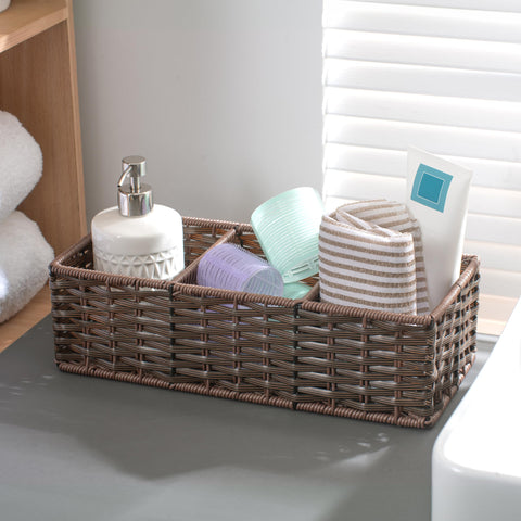 myHomeBody Wicker Basket With 3 Compartments, Bathroom Caddy, Dark Walnut