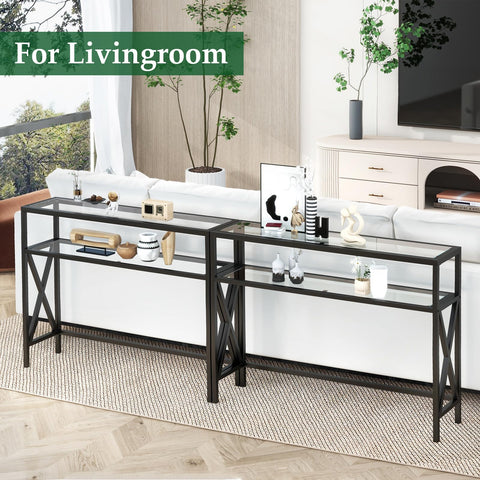 YMYNY Console Table, Tempered Glass Sofa Table, Industrial Entryway for Hallway, Narrow With Shelves, Compact Display for Small Spaces