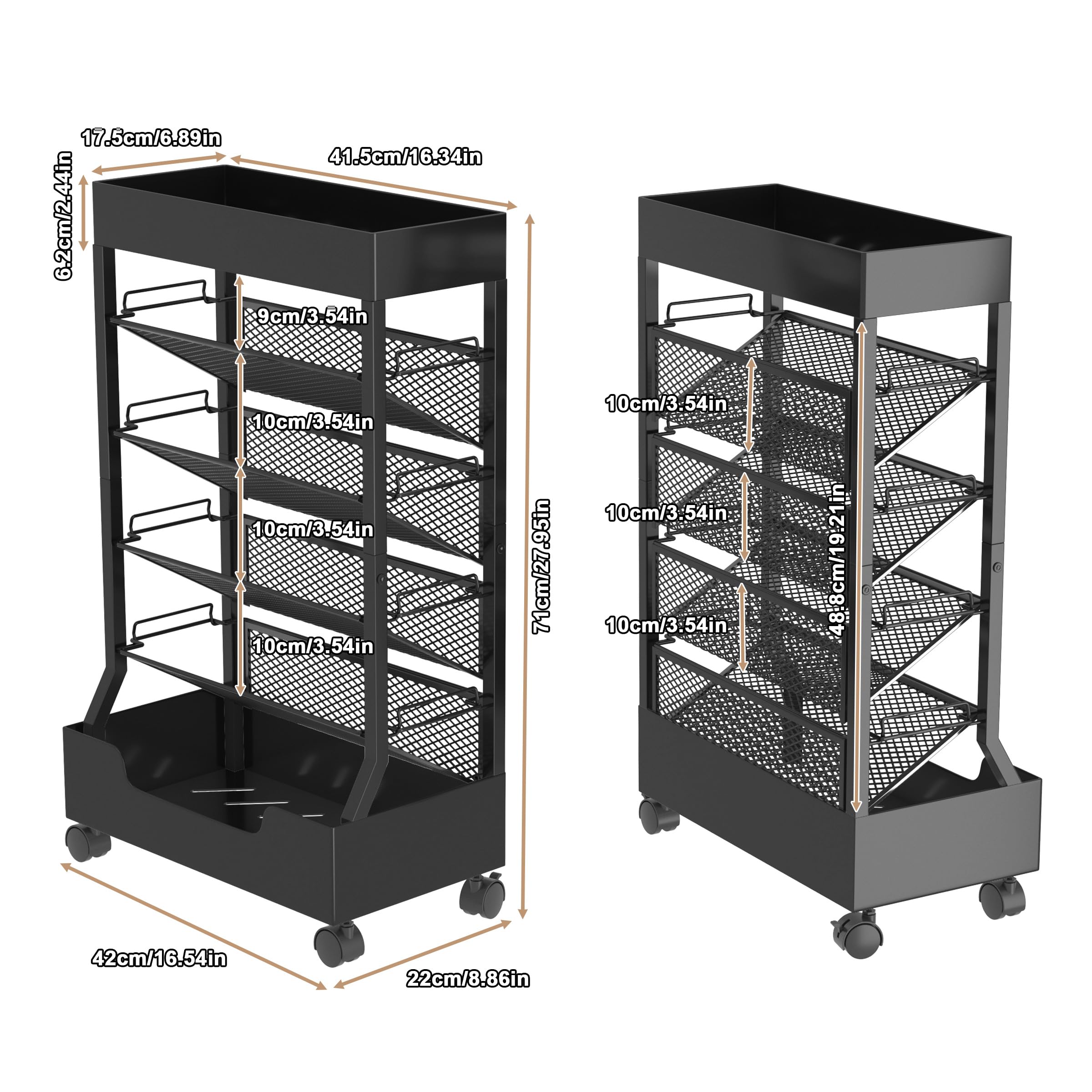 Ornestia Metal Book Trolley, Mobile Storage Bookcase with Wheels(Black)