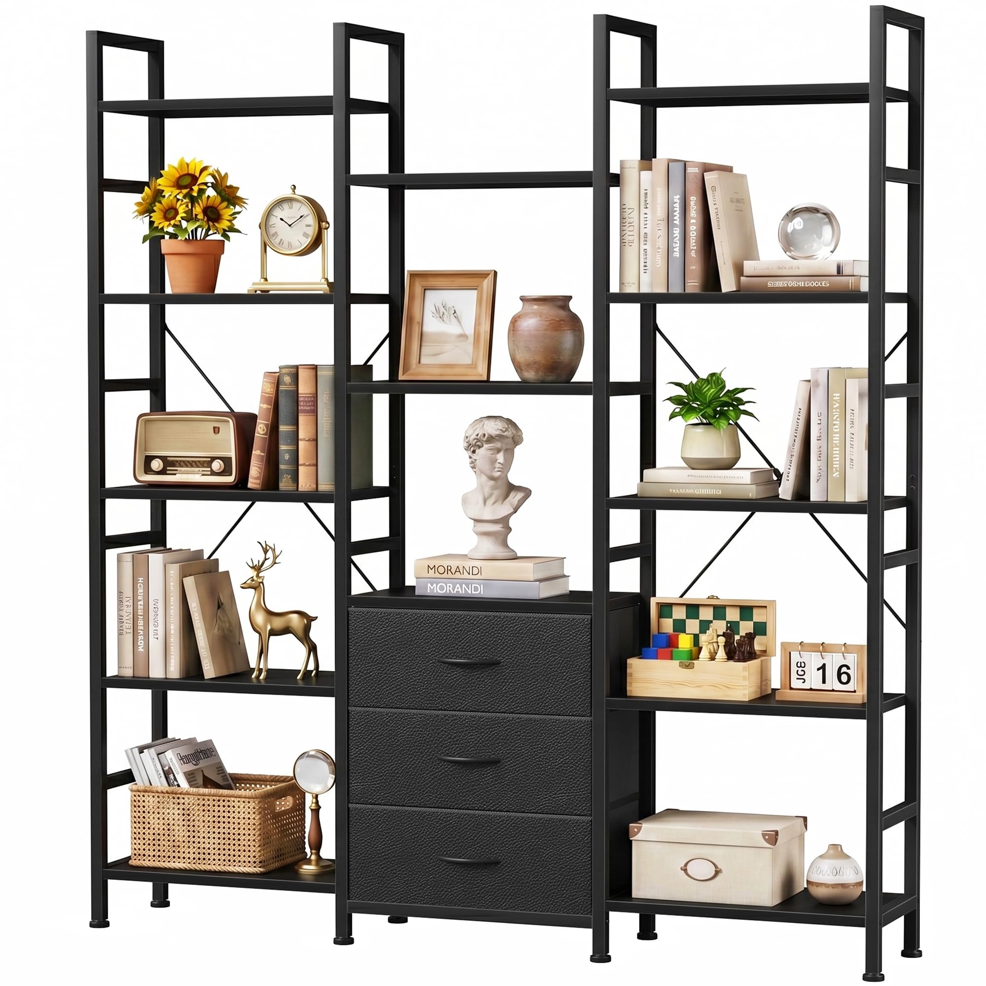 OYRREU 5-Tier Bookcase with Drawers, 120cm Wide Rustic Black Shelving Unit