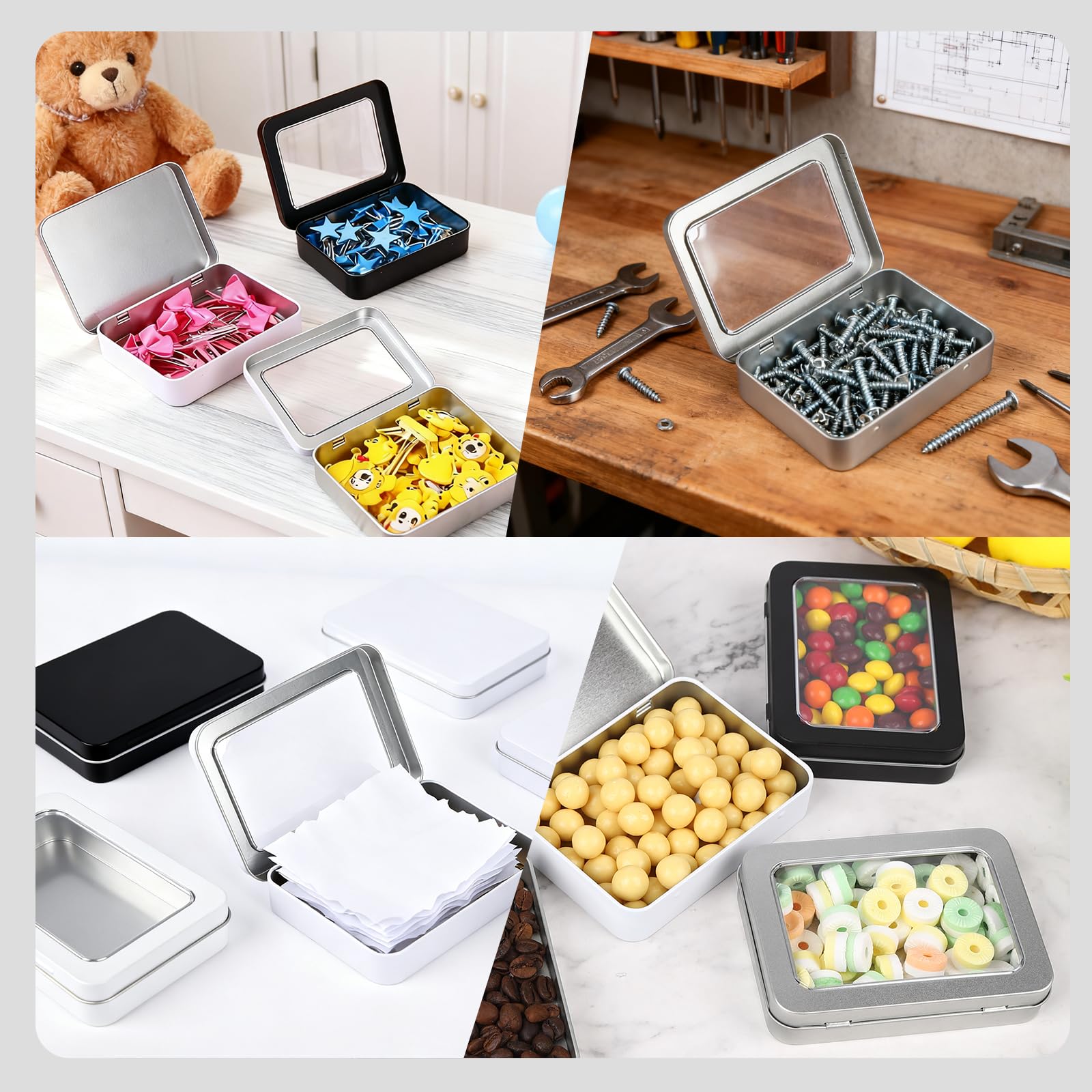 Thintinick 24 Pack Metal Storage Organizer Tins, Silver, Mixed Sizes