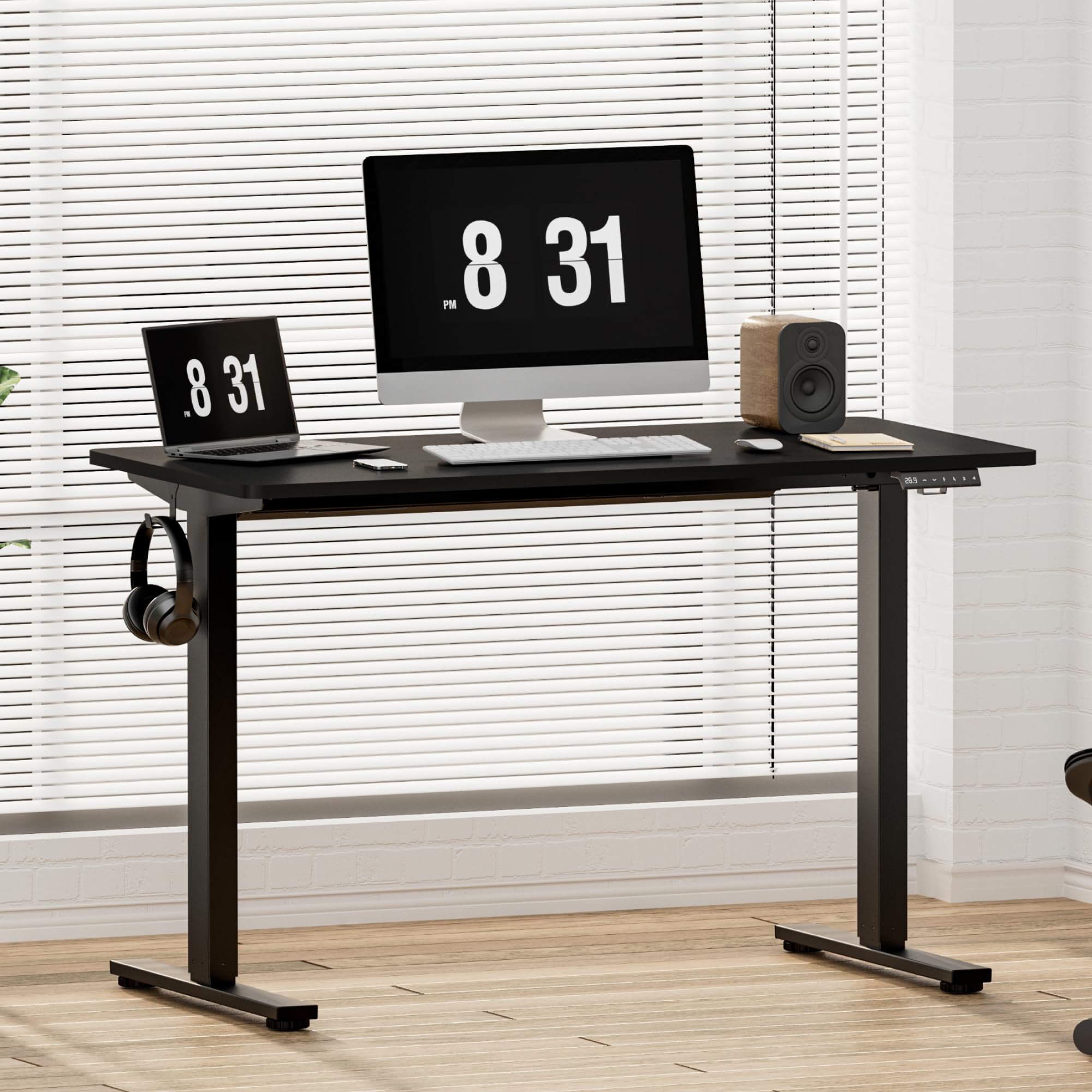 FlexiSpot E1 Plus ONE PIECE Electric Standing Desk Height Adjustable Sit Stand Desk with Memory Smart Panel(100 * 60cm, Black Frame+Black Desktop)