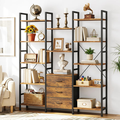 OYRREU 5-Tier Bookcase with Drawers, 120cm Wide Rustic Brown Shelving Unit