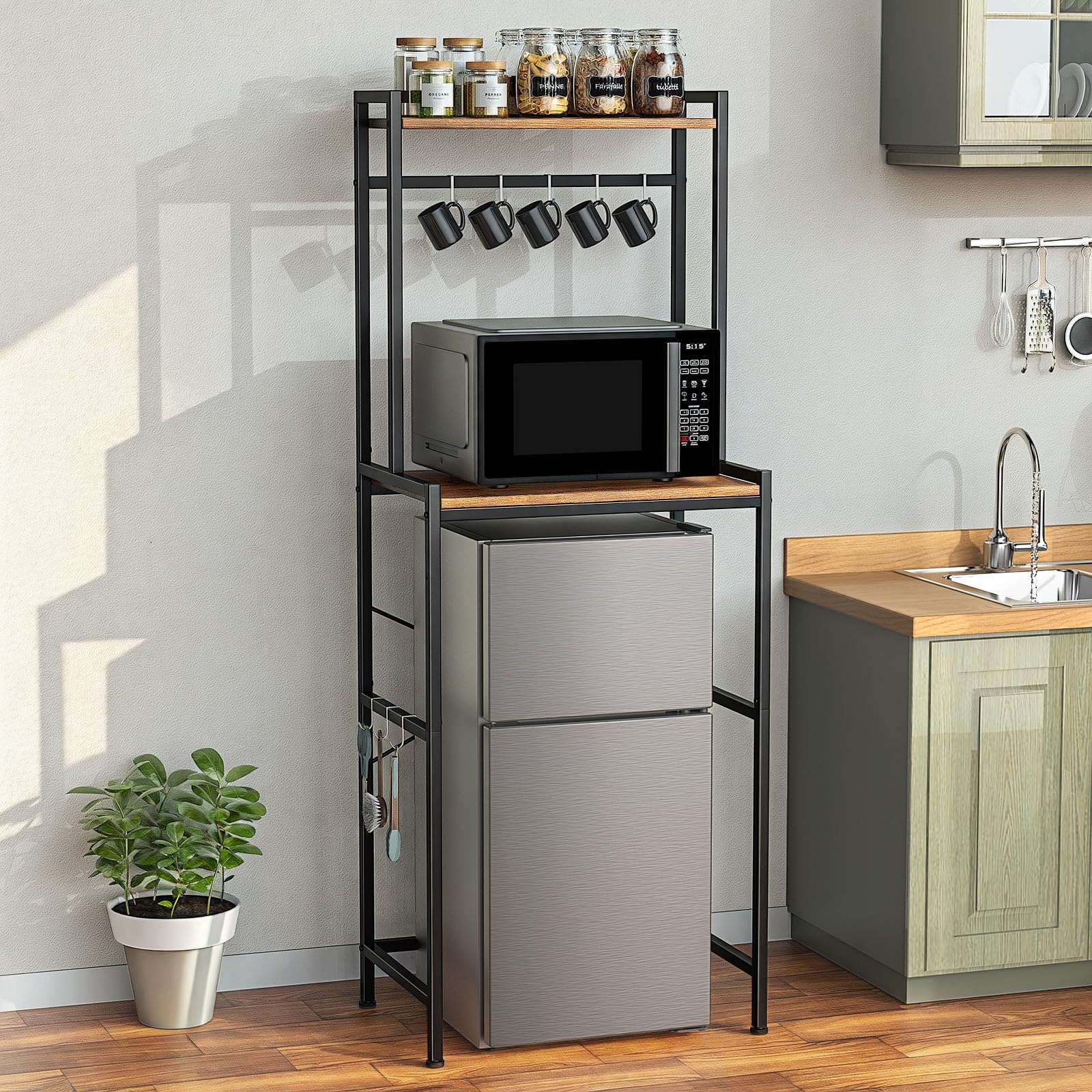 Housolution 2-Tier Mini Fridge Stand with Storage, Black+Brown