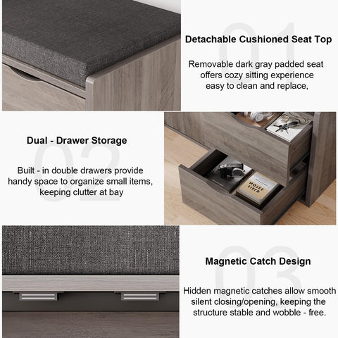 LVB 2-Tier Storage Bench with Padded Cushion, Entryway Shoe Bench with 2 Drawers, 2 Barn Doors & Adjustable Shelf, Industrial Style for Foyer