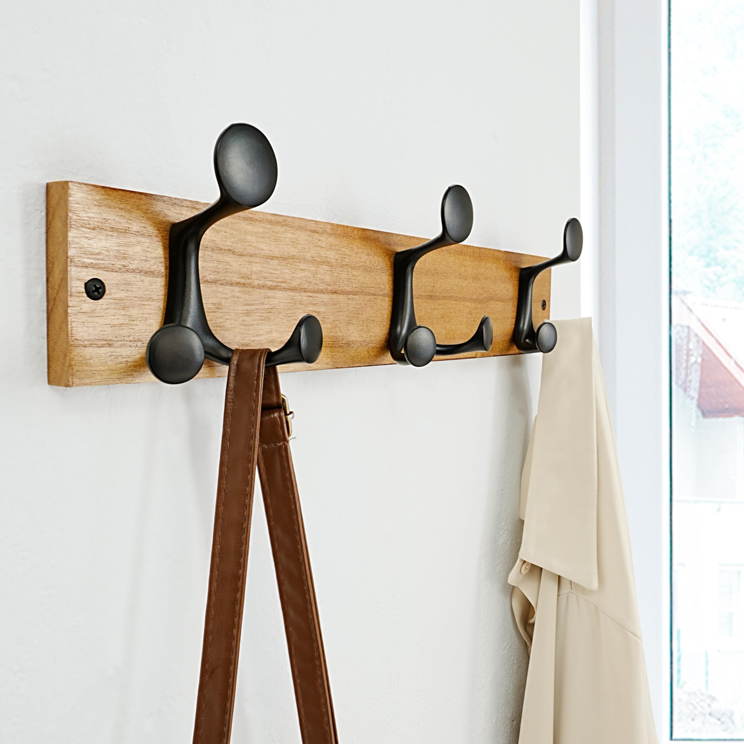 SKOLOO 43cm Light Brown Wood Coat Rack Wall Mount with 3 Triple Hooks - Ideal for Family Entrances, Classrooms, and Pet Supplies Storage