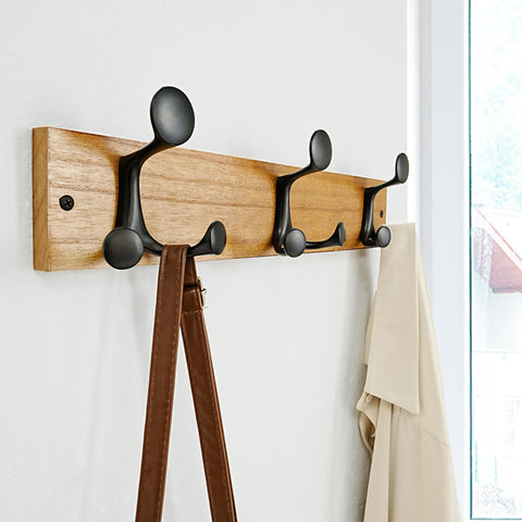 SKOLOO 43cm Light Brown Wood Coat Rack Wall Mount with 3 Triple Hooks - Ideal for Family Entrances, Classrooms, and Pet Supplies Storage