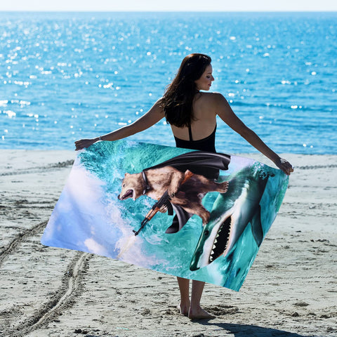LIVILAN Funny Shark Bear Beach Towel, 30" x 60" Oversized Microfiber, Soft, Quick Dry, Sand Free, Ideal for Bath, Pool, Travel