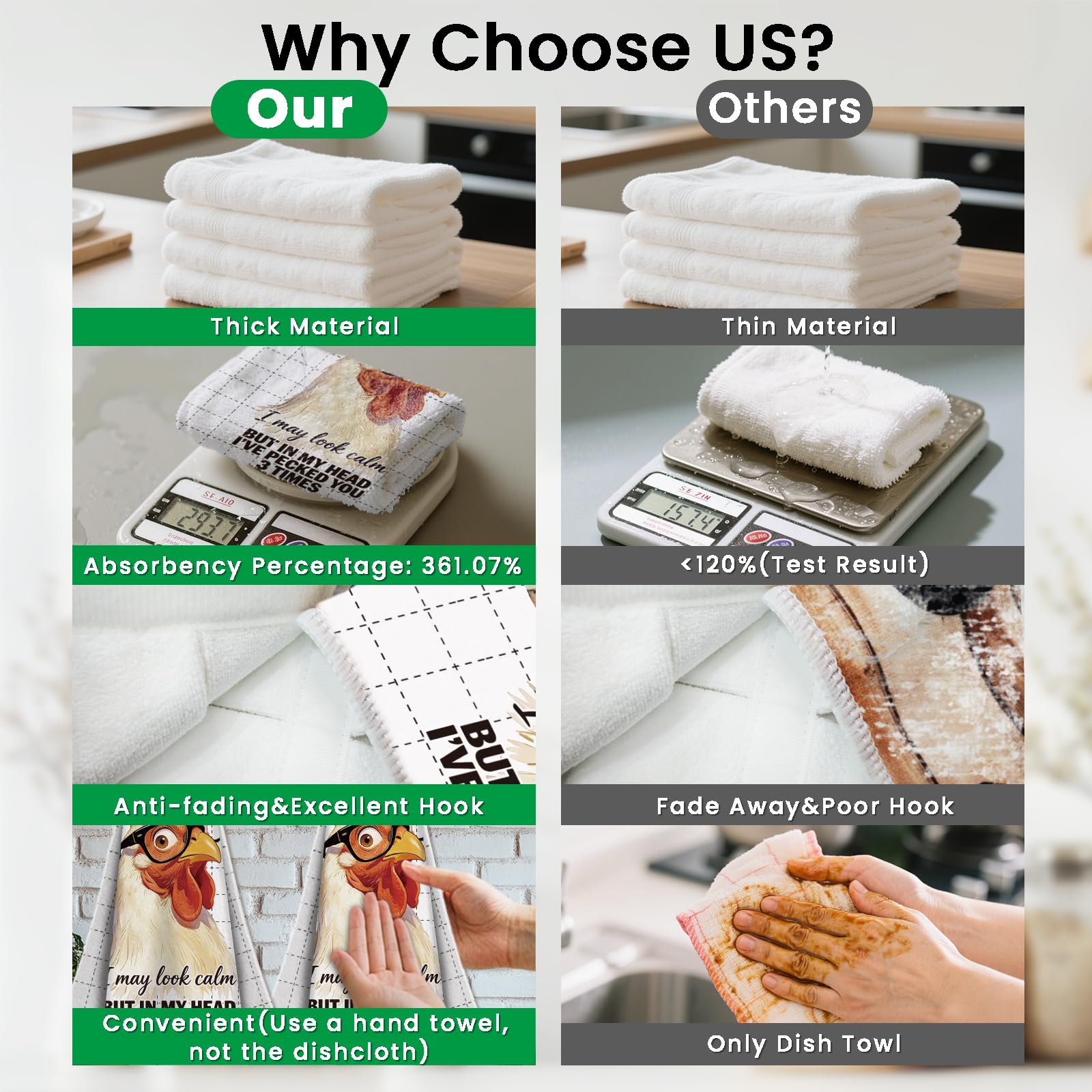 CUTHOLLOW 2 Pcs Funny Rooster Hanging Kitchen Towels with Loop