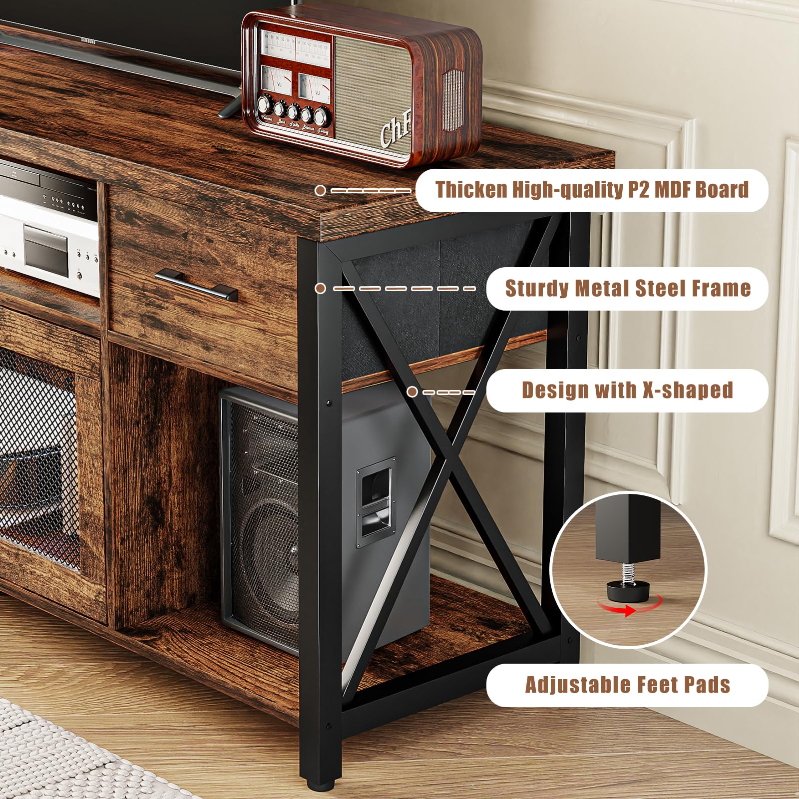 Generisch TV Stand Cabinet, 140cm Wooden TV Unit with 2 Drawers & Storage Cabinets, Steel Frame, Industrial TV Sideboard Table