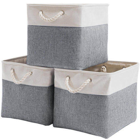 Mangata Canvas Storage Boxes, 28x28x28cm Fabric Storage Baskets for Shelves Organizing Clothes Nursery Home (Cold Grey&White, Set of 3)