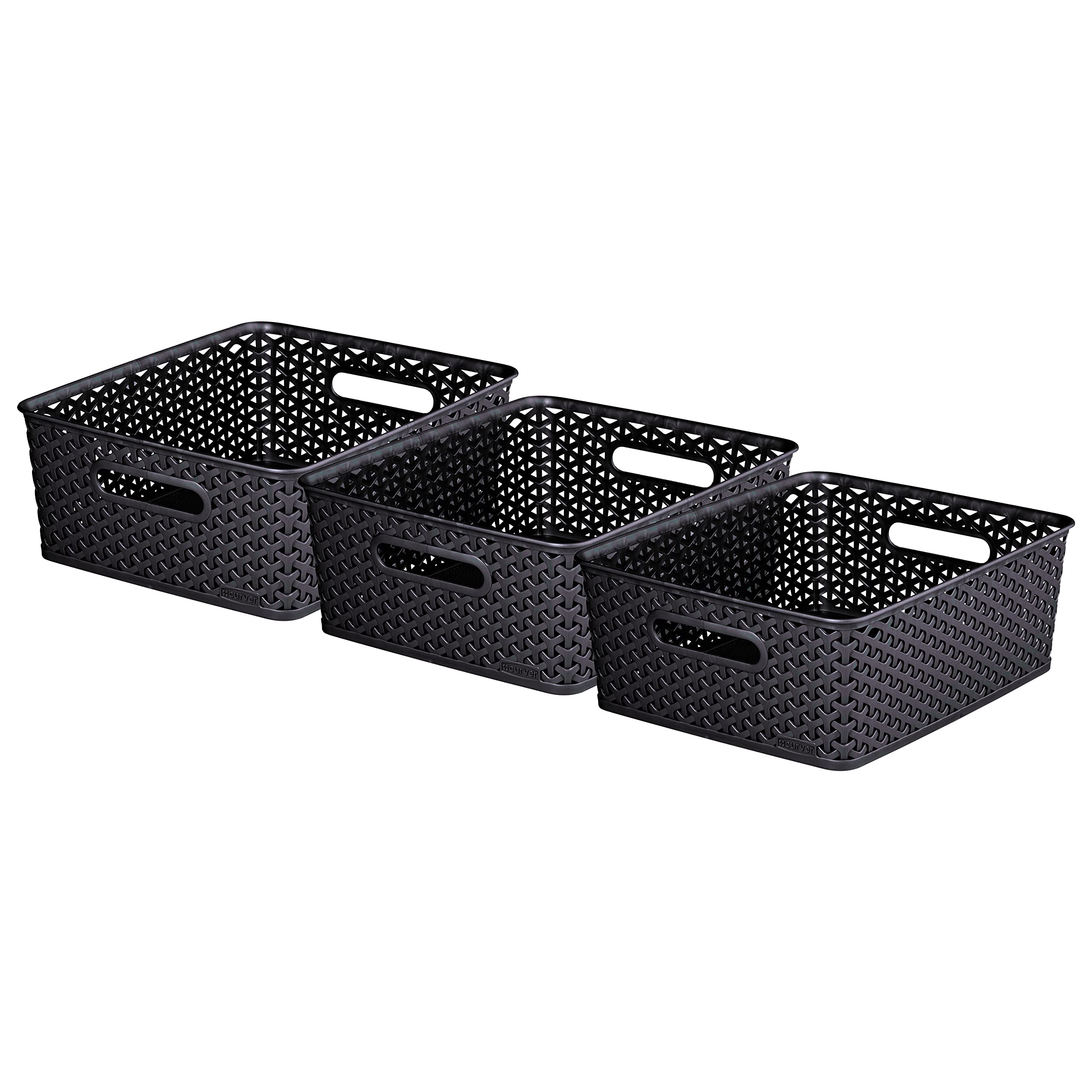 Curver My Style Rattan Effect Set of 3 Kitchen, Living room, Bathroom, Bedroom, Utility Medium Rectangular Storage Baskets 12 Litres - Anthracite