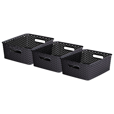 Curver My Style Rattan Effect Set of 3 Kitchen, Living room, Bathroom, Bedroom, Utility Medium Rectangular Storage Baskets 12 Litres - Anthracite