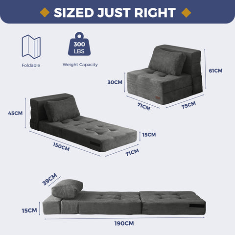 MAXYOYO Folding Foam Sofa Bed, Tri-Fold Mattress with 1 Pillow, Convertible Sofa Chair Futon Z Bed with 15cm Thincken Foam