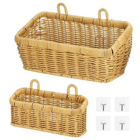 2 Pcs Wall Hanging Basket Set, Rattan Storage Basket with Hooks,2 sizes for kitchen bathroom garden