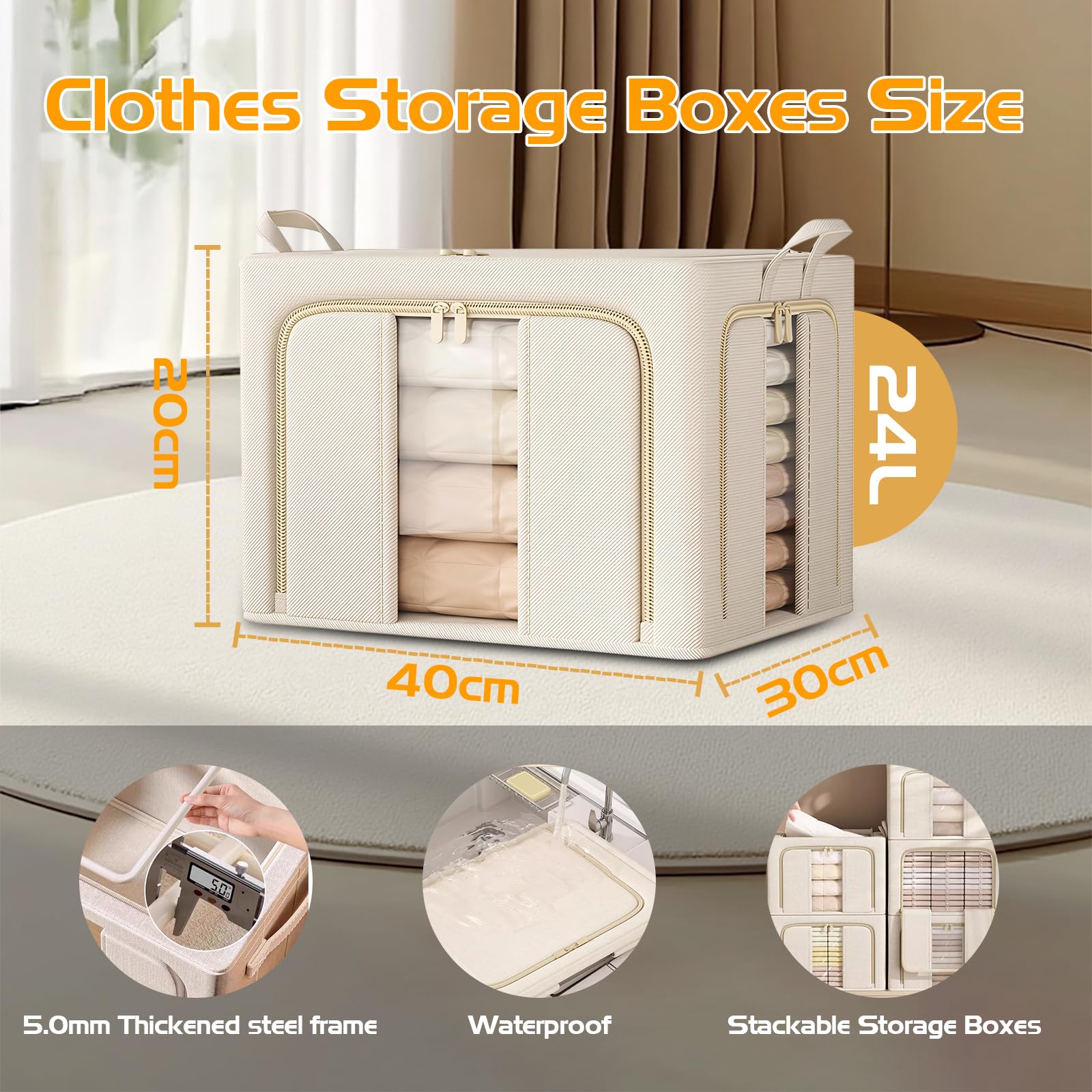 Clothes Storage Boxes with Lid,Upgraded 5.0mm Steel Frame Waterproof Fabric,3-Way Double Zipper Openings & 2 Clear Windows,Better Foldable Storage