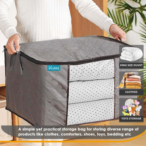 KURNI Storage Bags | Clothes Organizer Boxes, Foldable 3 Pack Grey, 90L Capacity, 3 Sided Zipper Moving Large Bag. Dust & Moisture Proof