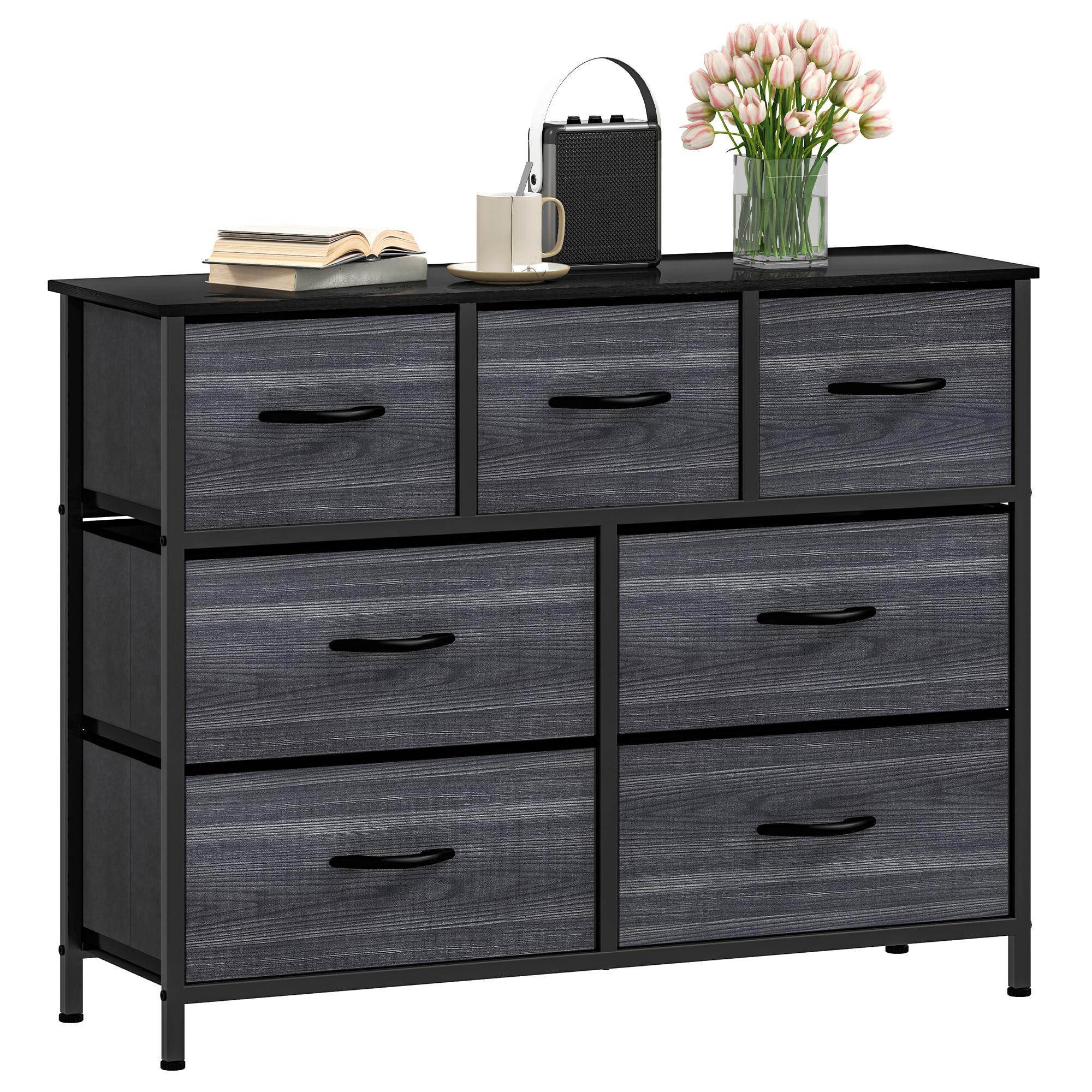 DWVO Wide Chest of Drawers,Fabric Chest of Drawers Bedroom Cabinet with 7 Drawers,Dresser for Bedroom,Living Room With Handles,Wood Top and Sturdy