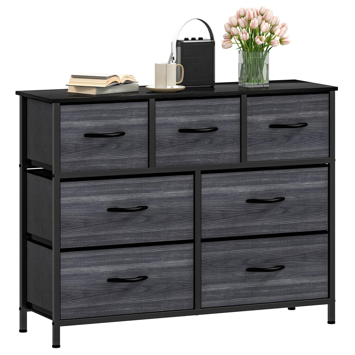 DWVO Wide Chest of Drawers,Fabric Chest of Drawers Bedroom Cabinet with 7 Drawers,Dresser for Bedroom,Living Room With Handles,Wood Top and Sturdy