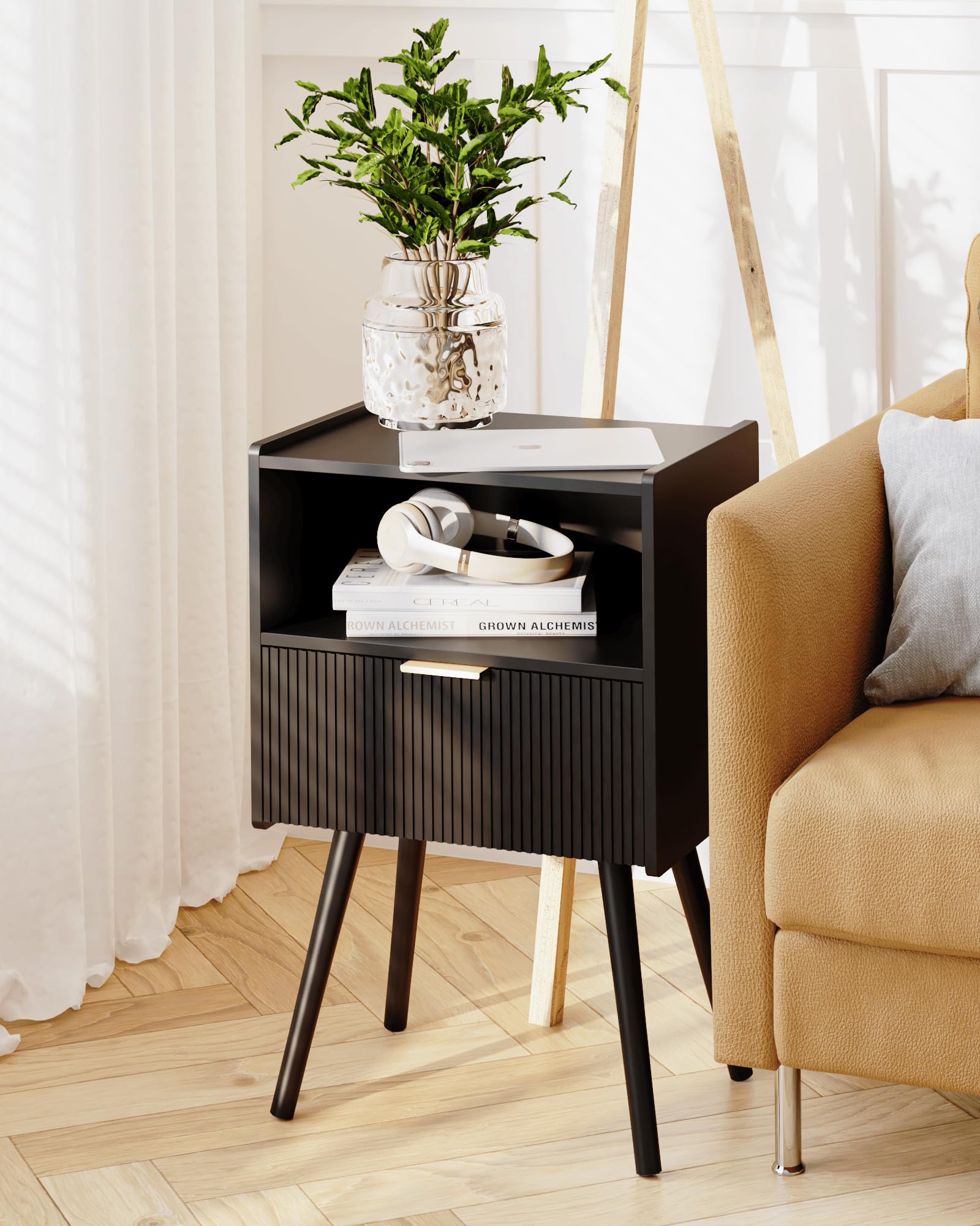 JERX Modern Bedside Table with Storage Drawer and Open Wood Shelf Nightstand for Living Room, Bedroom and Small Spaces