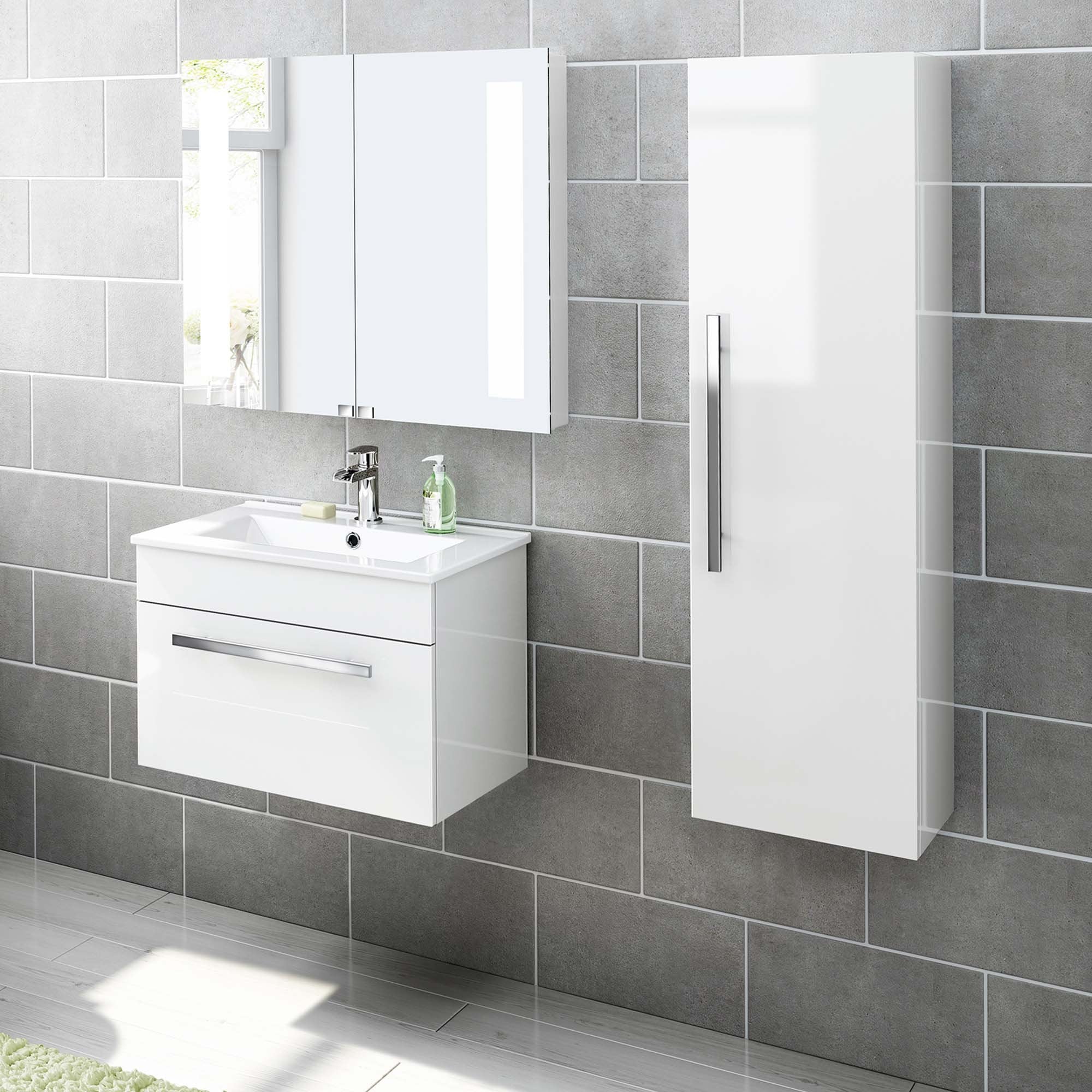 iBathUK Avon Wall Mounted Tall Bathroom Storage Cabinet, Slim MDF Cupboard Unit with Soft Close Door and Fixed Shelves