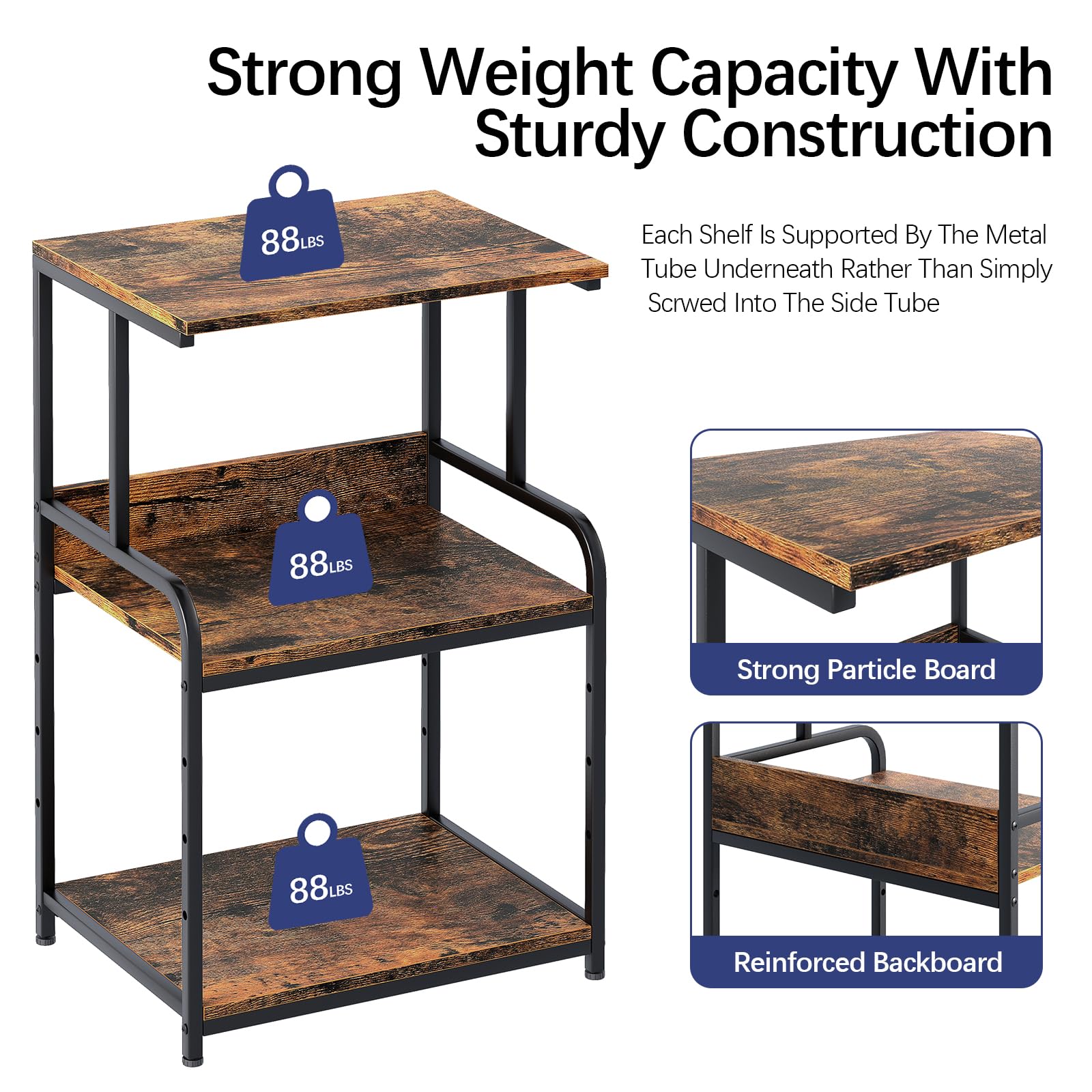 3-Tier Printer Stand, Large Printer Table on Wheels, Movable Printer Stand with Storage, Rolling Printer Cart for Fax Scanner Files Media Player