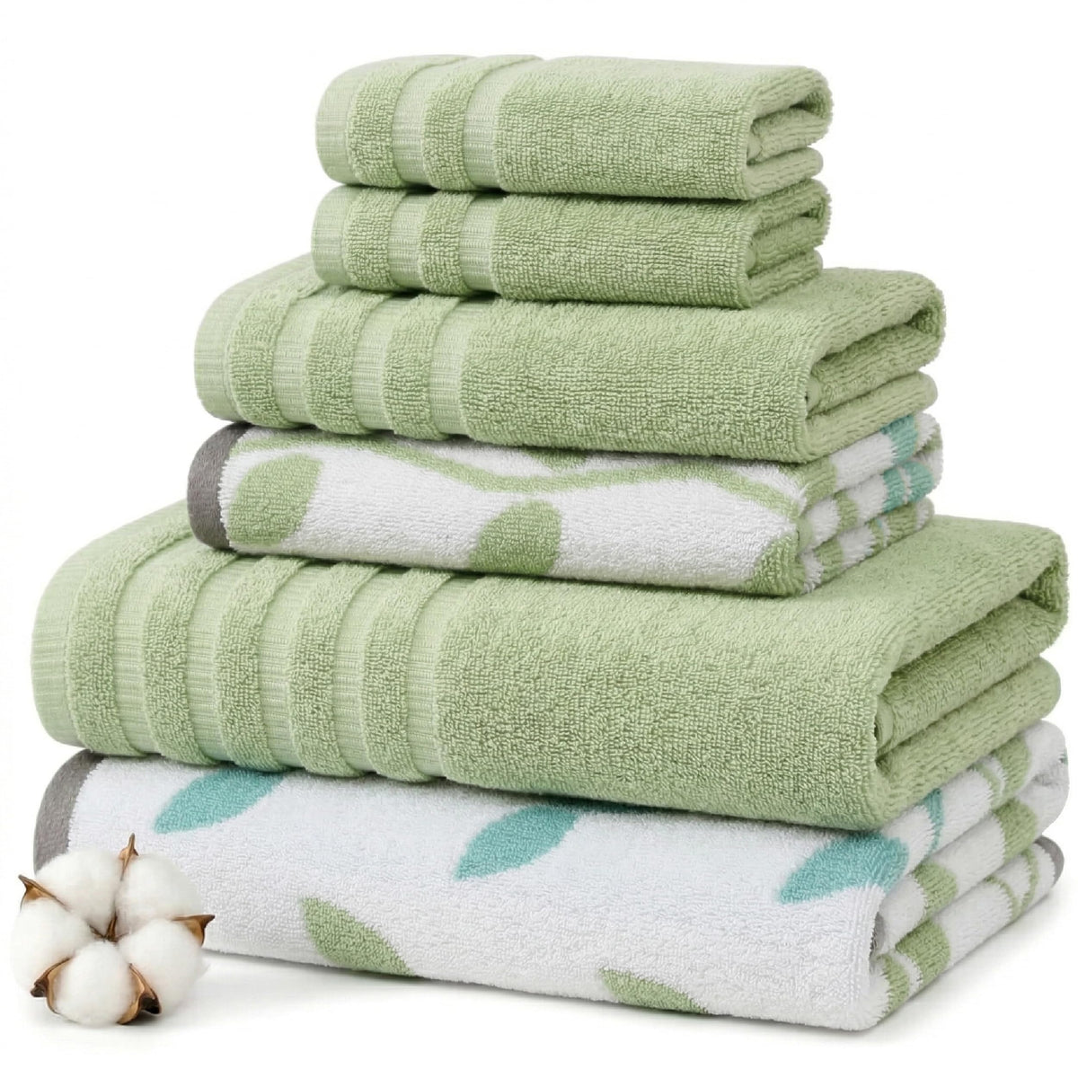 Pacific Coast Textiles 6 Pc Yarn Dyed Towel Organic Vines Sage Green, 6-Piece