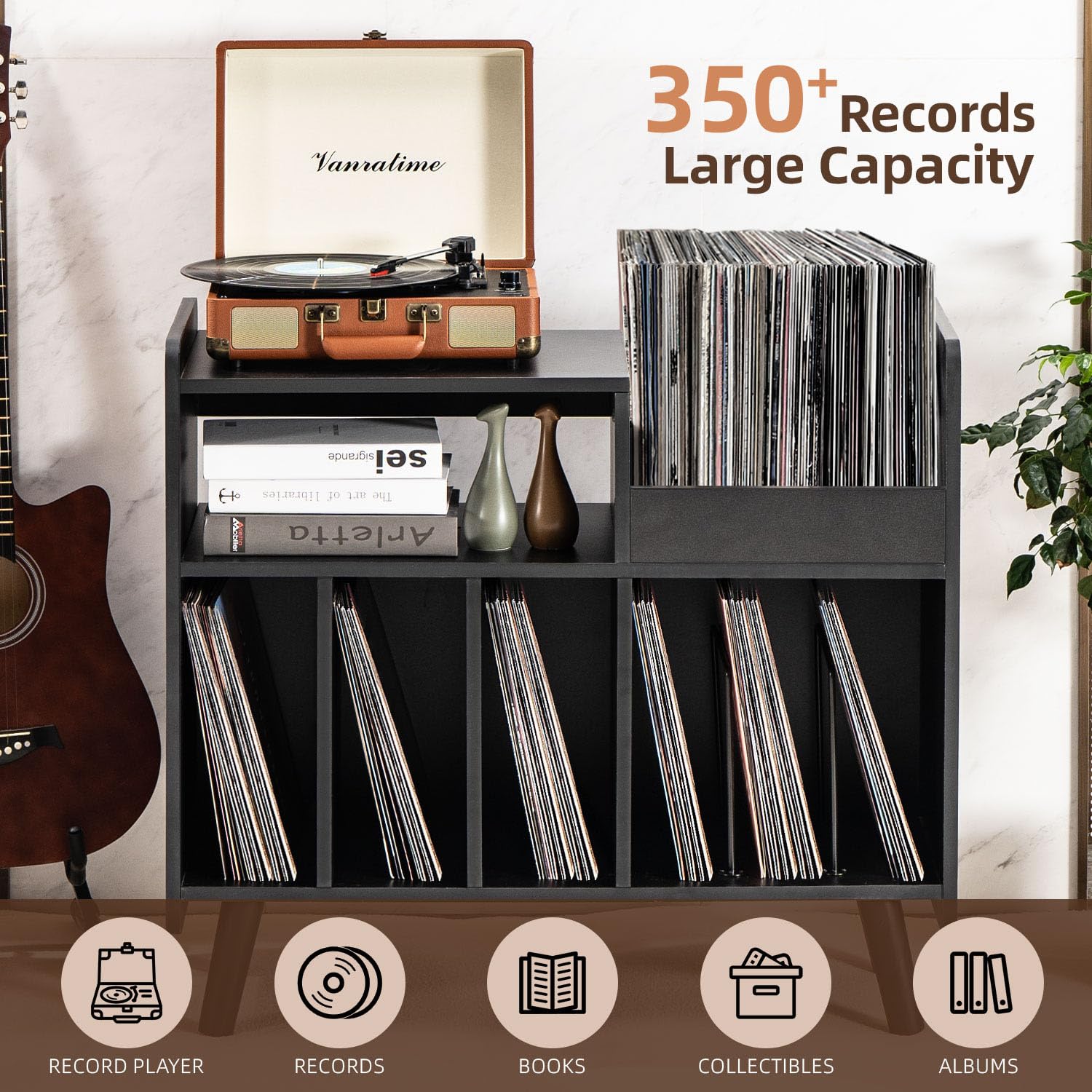 UODERS Record Player Stand, Large Record Player Table Cabinet with Open Vinyl Storage and Display Shelf Holds up to 350 Albums
