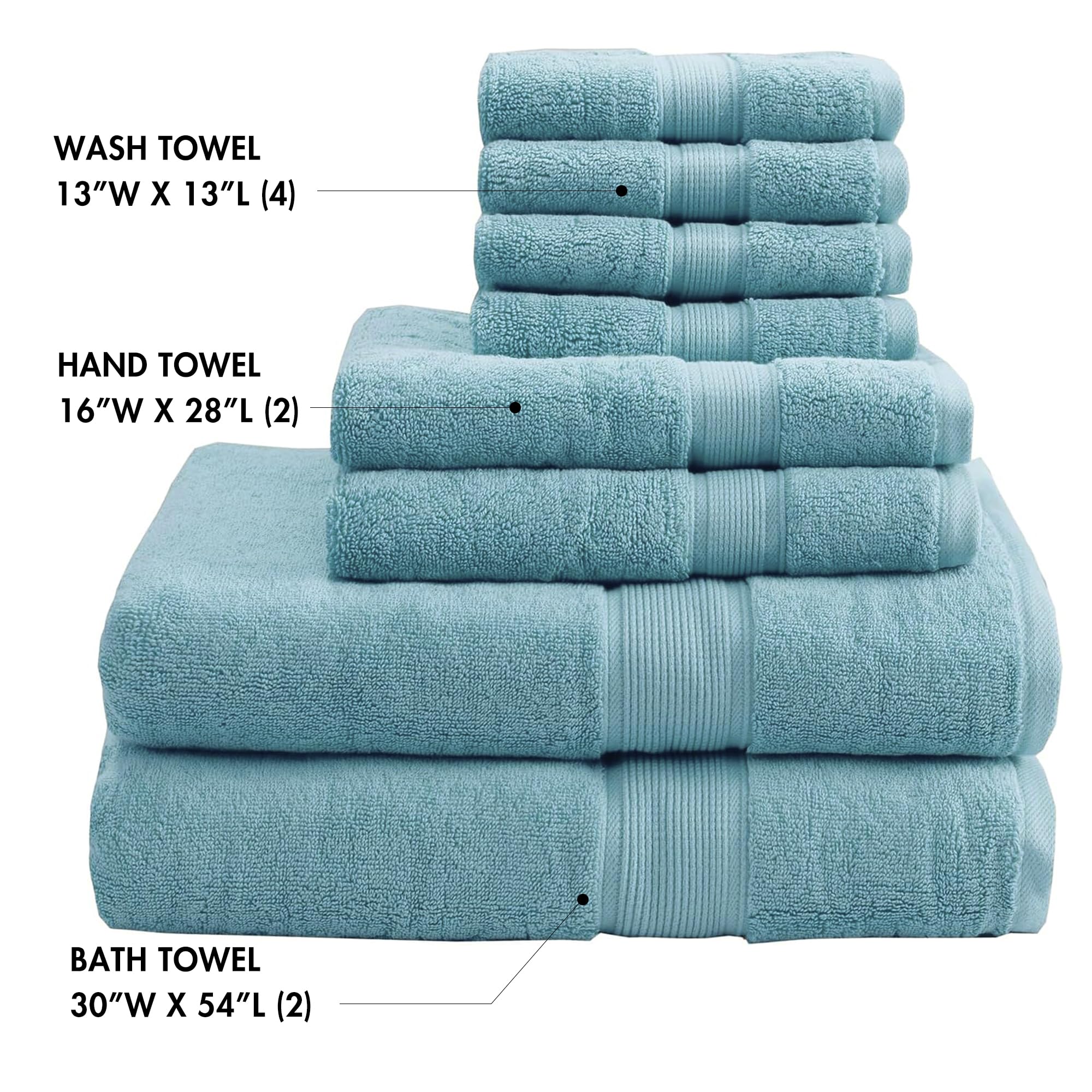 Madison Park 800GSM 100% Cotton Luxury Turkish Bath Towel Set, 8-Piece Include 2 Bath, 2 Hand & 4 Wash Towels, Aqua
