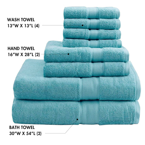 Madison Park 800GSM 100% Cotton Luxury Turkish Bath Towel Set, 8-Piece Include 2 Bath, 2 Hand & 4 Wash Towels, Aqua
