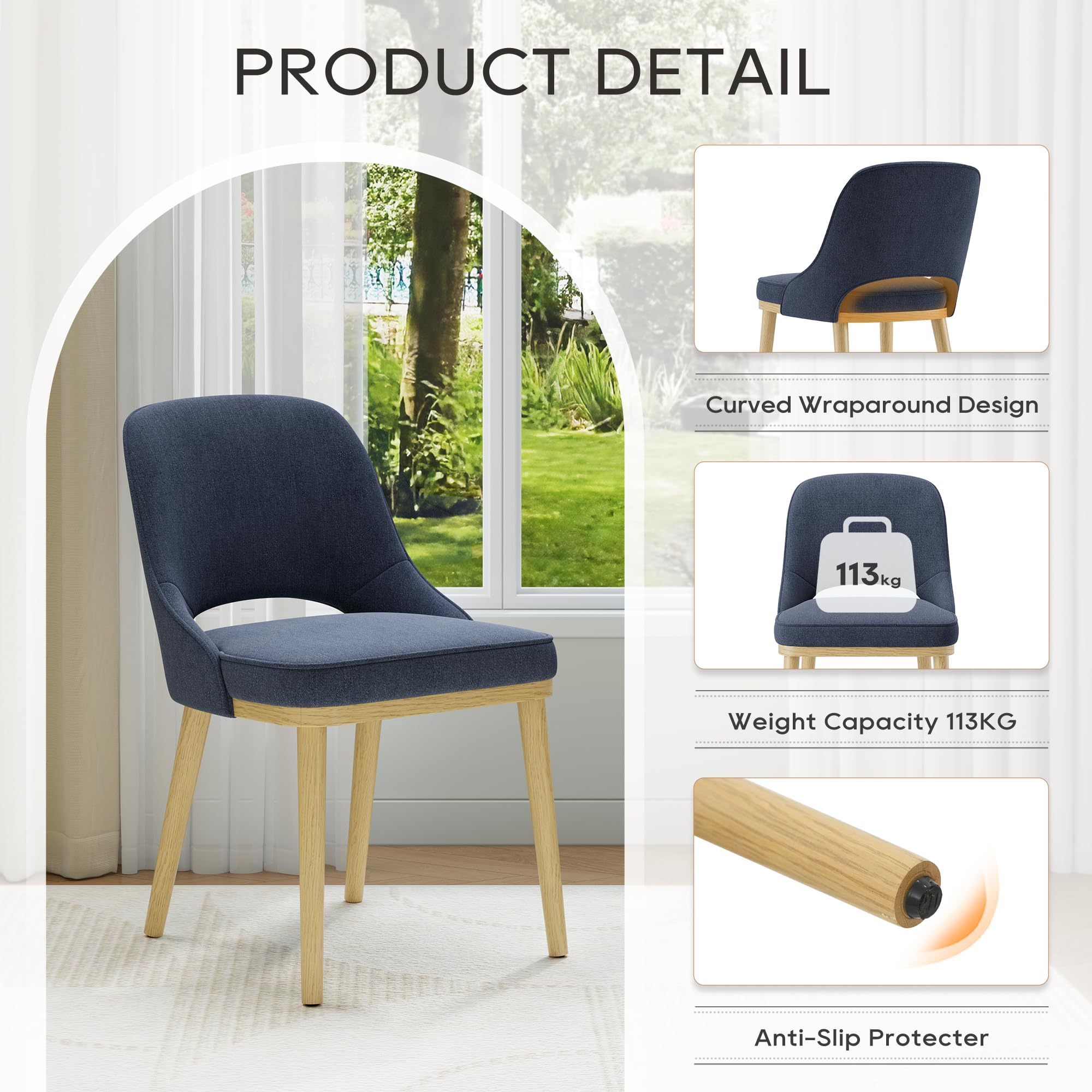 Dining Chairs Set of 2, Upholstered Dining Room Chairs with Chenille Fabric, Ergonomic Backrest, High Density Cushion & Rubber Wood Frame