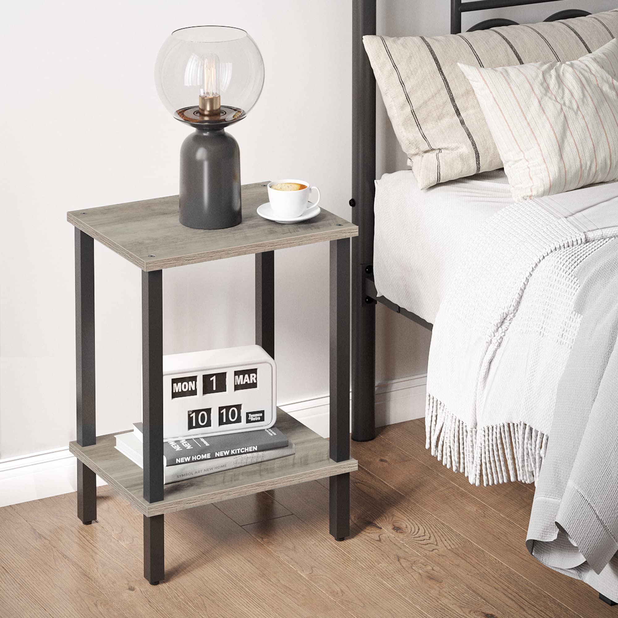 TUTOTAK Side Table, Bedside Table, Night stand, 2-Tier Storage Shelf, End Table for Small Space, Living Room, Bed Room, Greige TB01BG034EU