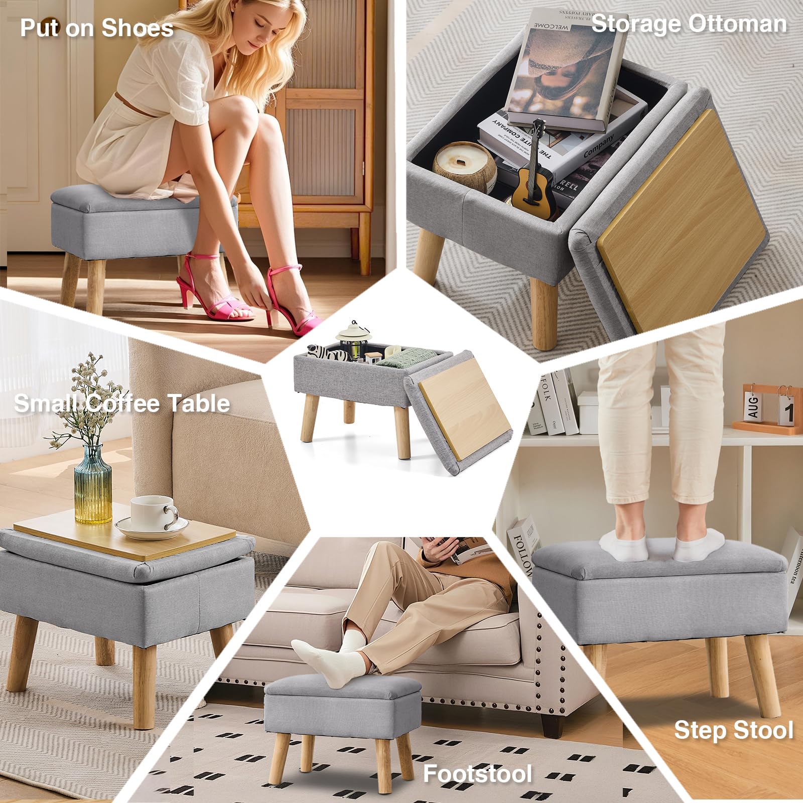 BRIAN & DANY Footstool Ottoman with Storage, Linen Rectangle Storage Ottoman, Foot Stool with Legs Sofa Footrest for Living Room Entryway Office, Gray