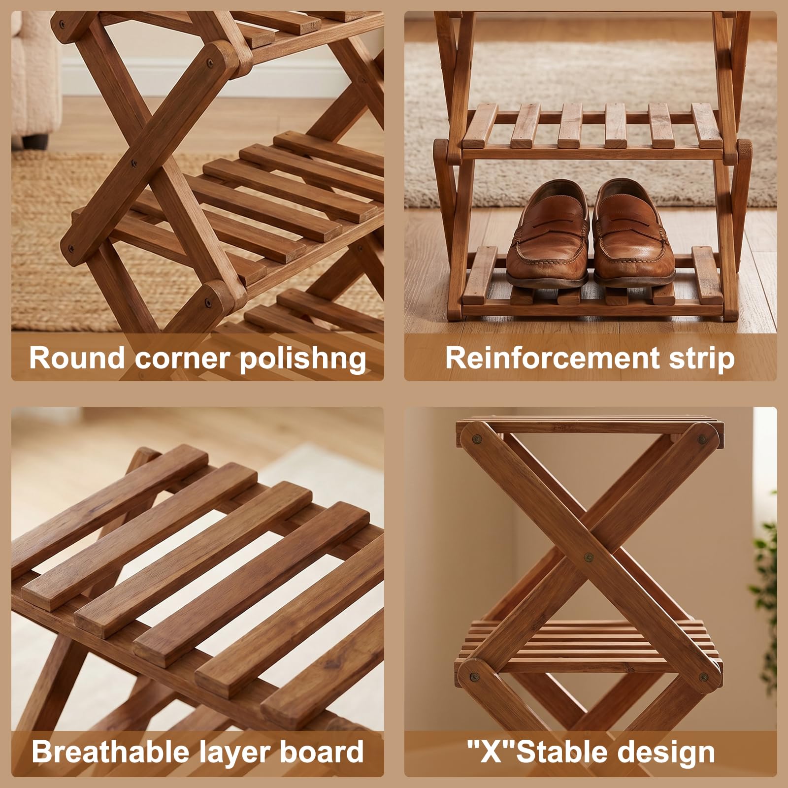 Kiss Me Vertical Shoe Rack, Portable Folding Wooden Storage, 8 Tier Brown