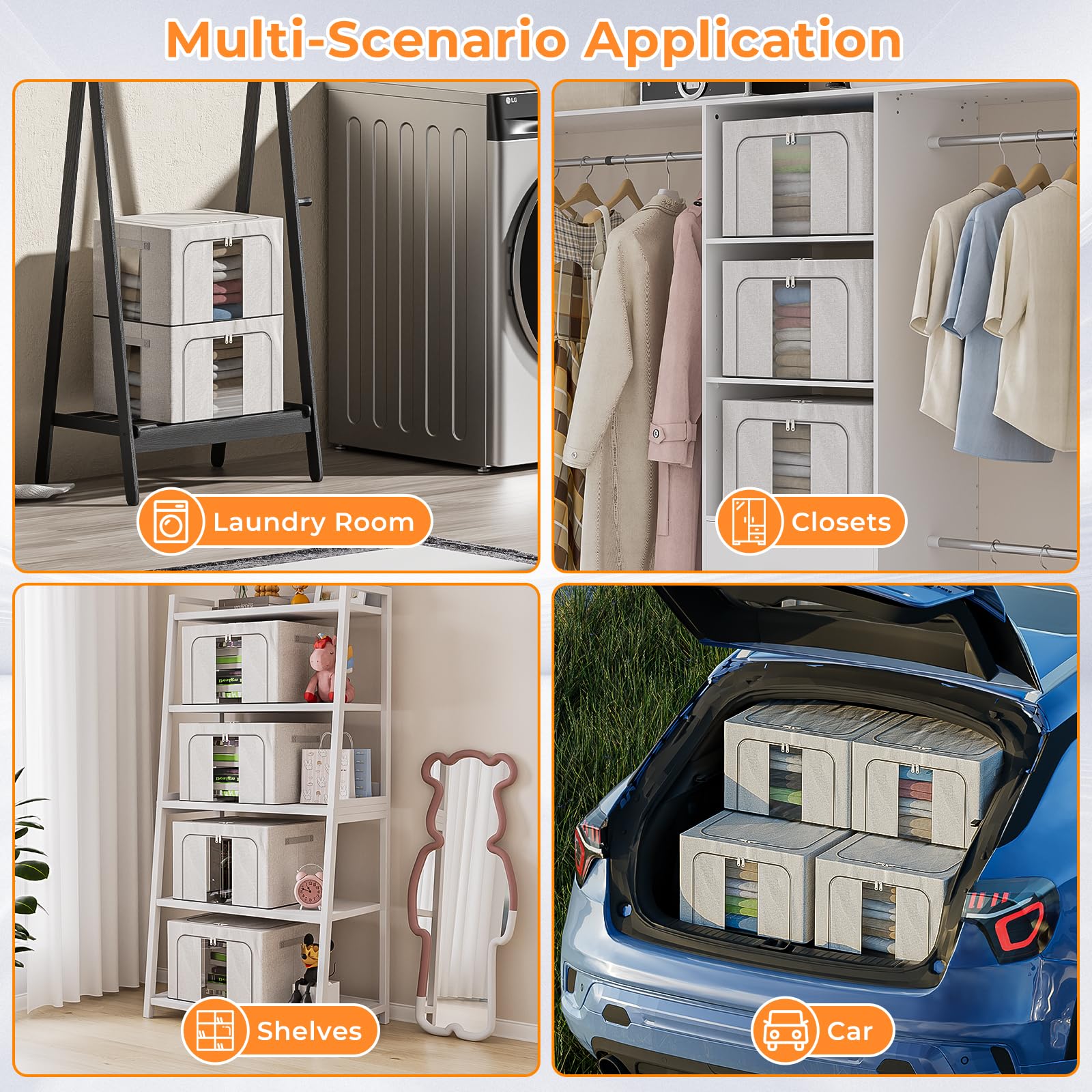 Boic 3 Pack Clothes Storage Boxes, 24L Clothes Organiser With Metal Frame, Foldable Clothes Storage Bag