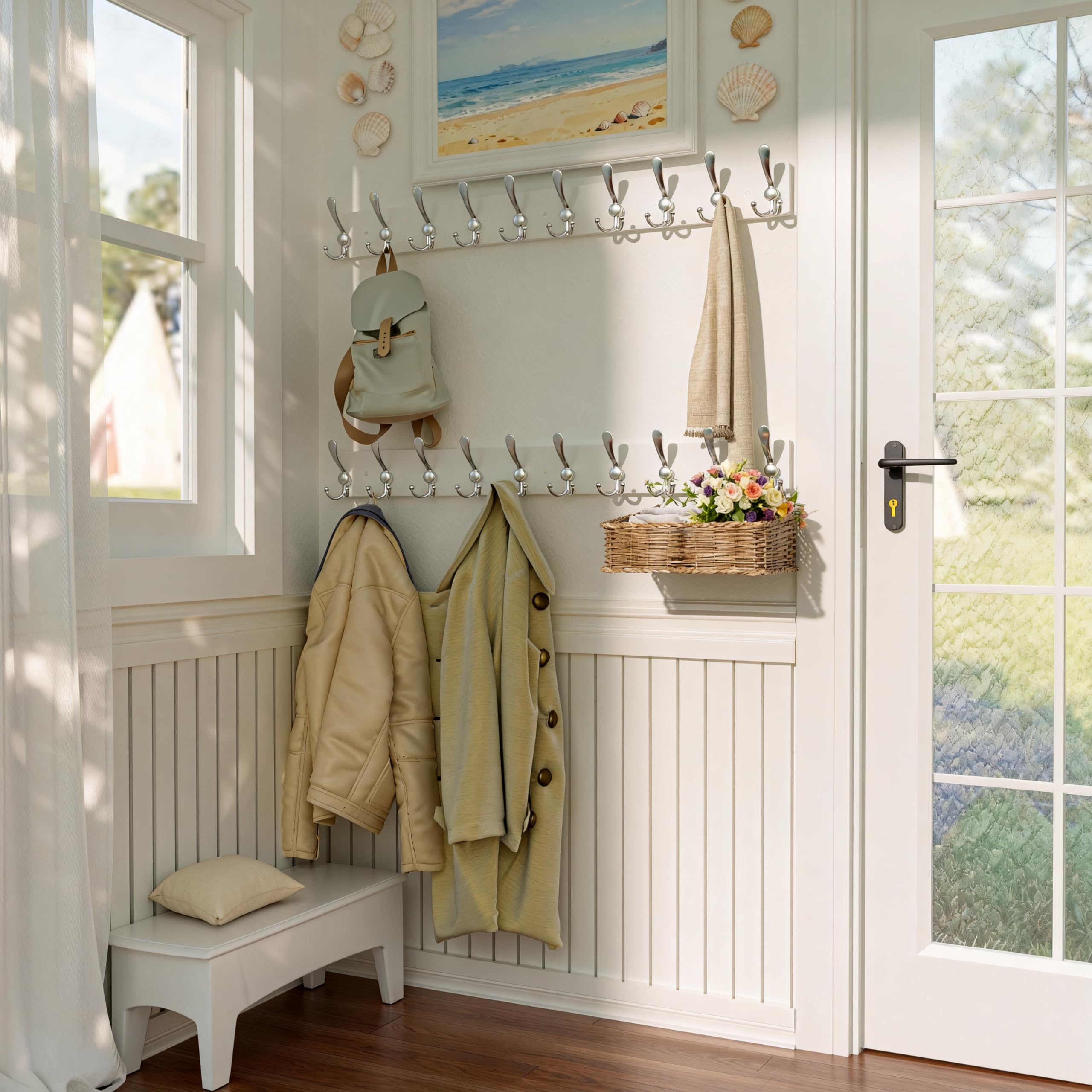SKOLOO Creations White Solid Wood Wall Mounted Coat Rack, 10 Hooks, 38-1/8" Long - Kitchen, Mudroom, Entryway, Bathroom - Includes Mounting Hardware