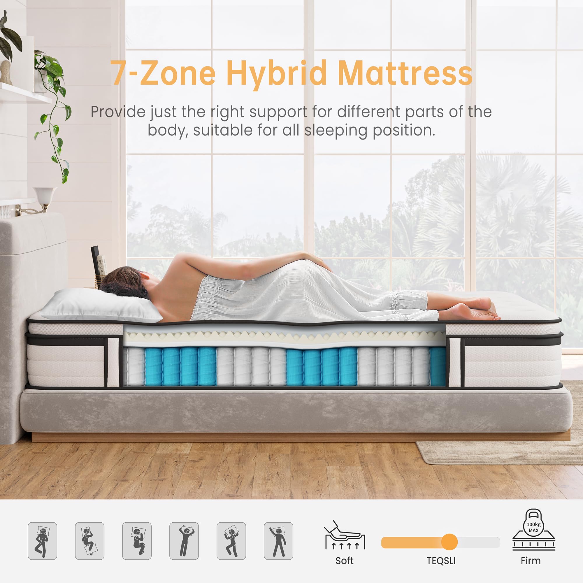 TeQsli Double Mattress 4FT6 Memory Foam Spring Hybrid Mattress 27CM