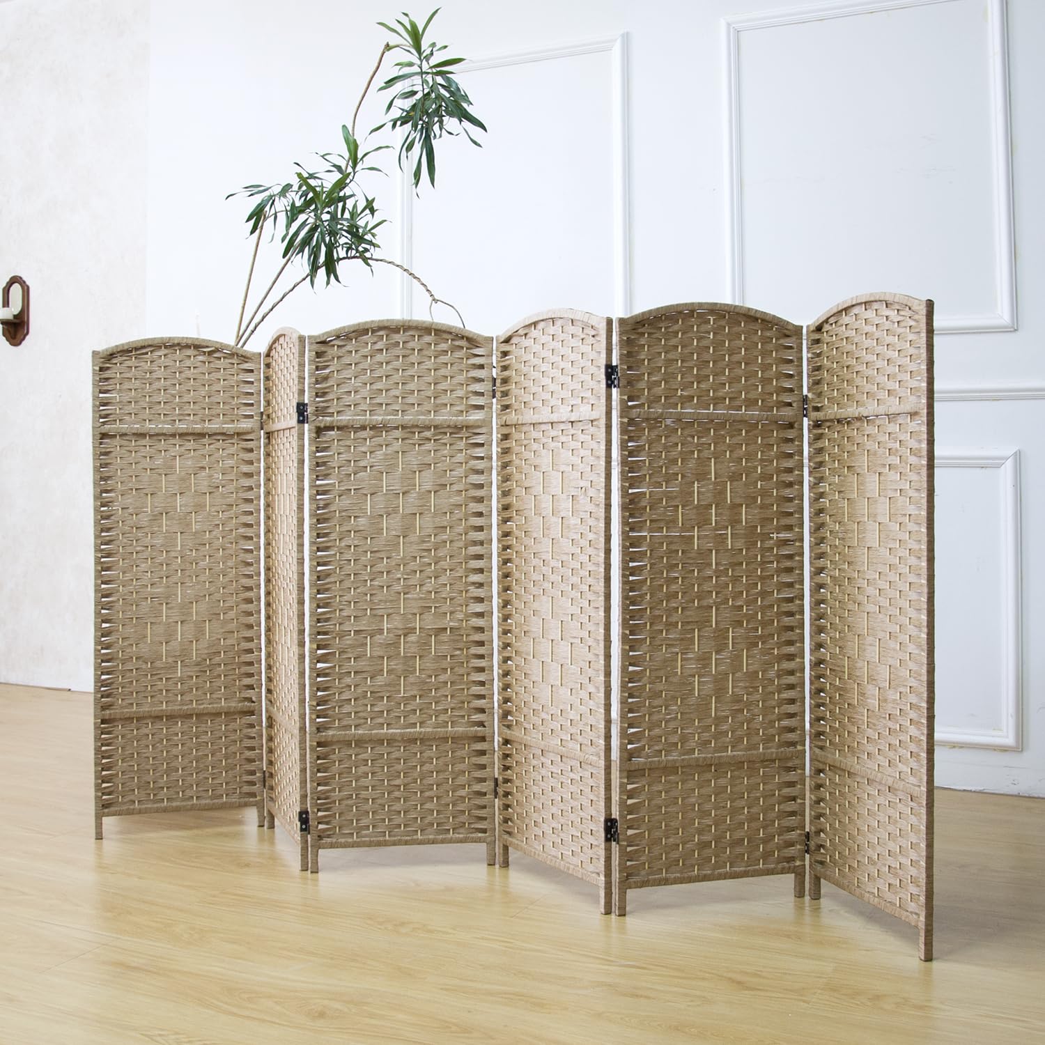Furnnylane 6 Panel Light Brown Rattan Divider Short Room Partition Screen,Double Sided Short Folding Divider for Room Separation,120 cm Tall
