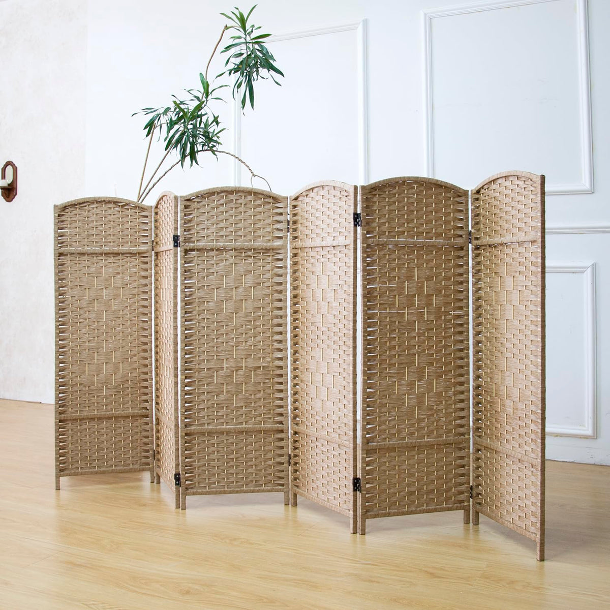 Furnnylane 6 Panel Light Brown Rattan Divider Short Room Partition Screen,Double Sided Short Folding Divider for Room Separation,120 cm Tall
