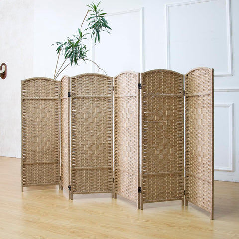 Furnnylane 6 Panel Light Brown Rattan Divider Short Room Partition Screen,Double Sided Short Folding Divider for Room Separation,120 cm Tall