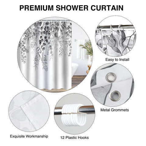 WELTRXE Shower Curtains, Bathroom Shower Curtain with 12 Hooks, Waterproof Polyester Fabric Bathtub Curtain, Weighted Hem, Quick Dry