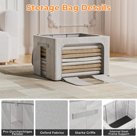 Boic 3 Pack Clothes Storage Boxes, 24L Clothes Organiser With Metal Frame, Foldable Clothes Storage Bag