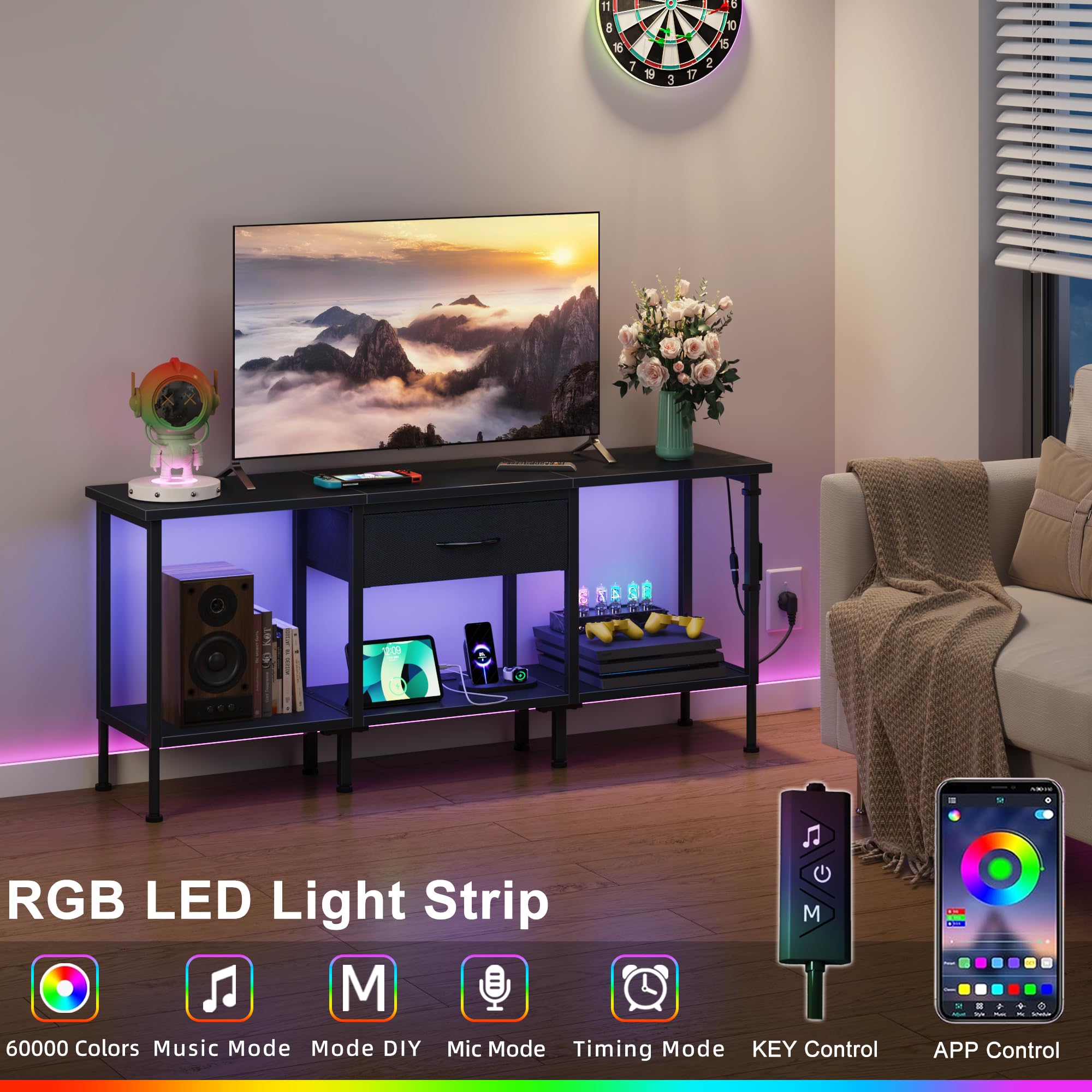 OYRREU TV Stand Cabinet LED for 55 50 Inch, TV Unit with Socket, USB Slots