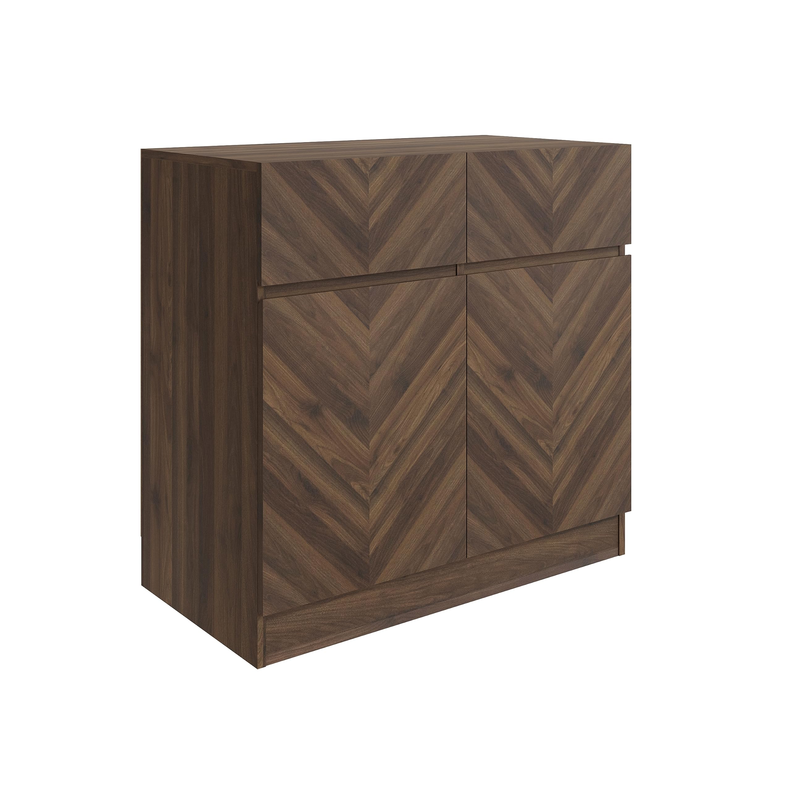 GFW Catania Compact Sideboard, Royal Walnut Storage Cabinet with 2 Drawers and 2 Doors, Herringbone Wood Grain Sideboard