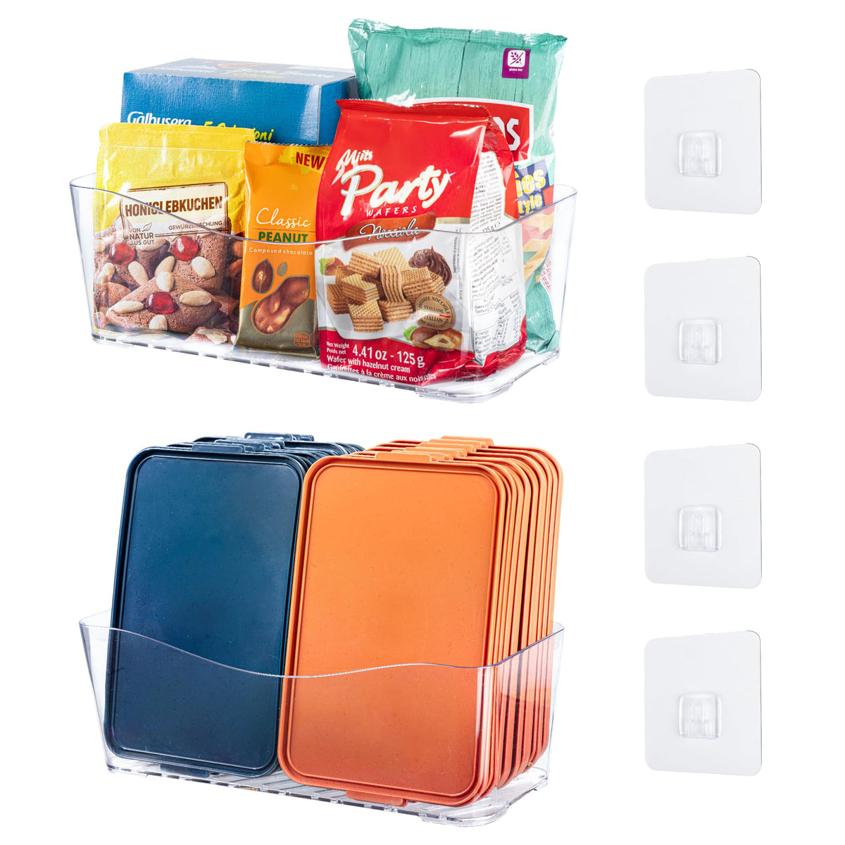 MURGVEA 2-Pack Cupboard Storage Organisers, Clear Plastic Pantry Storage Boxes, Large Adhesive Cabinet Door Organizerer Space Saving Storage Bins for