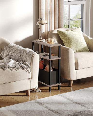 CHOEZON Slim Side Table with Charging Station, 3-Tier Narrow Side Table with Drawer, Skinny Bedside Table, End Table for Small Spaces, for Bedroom